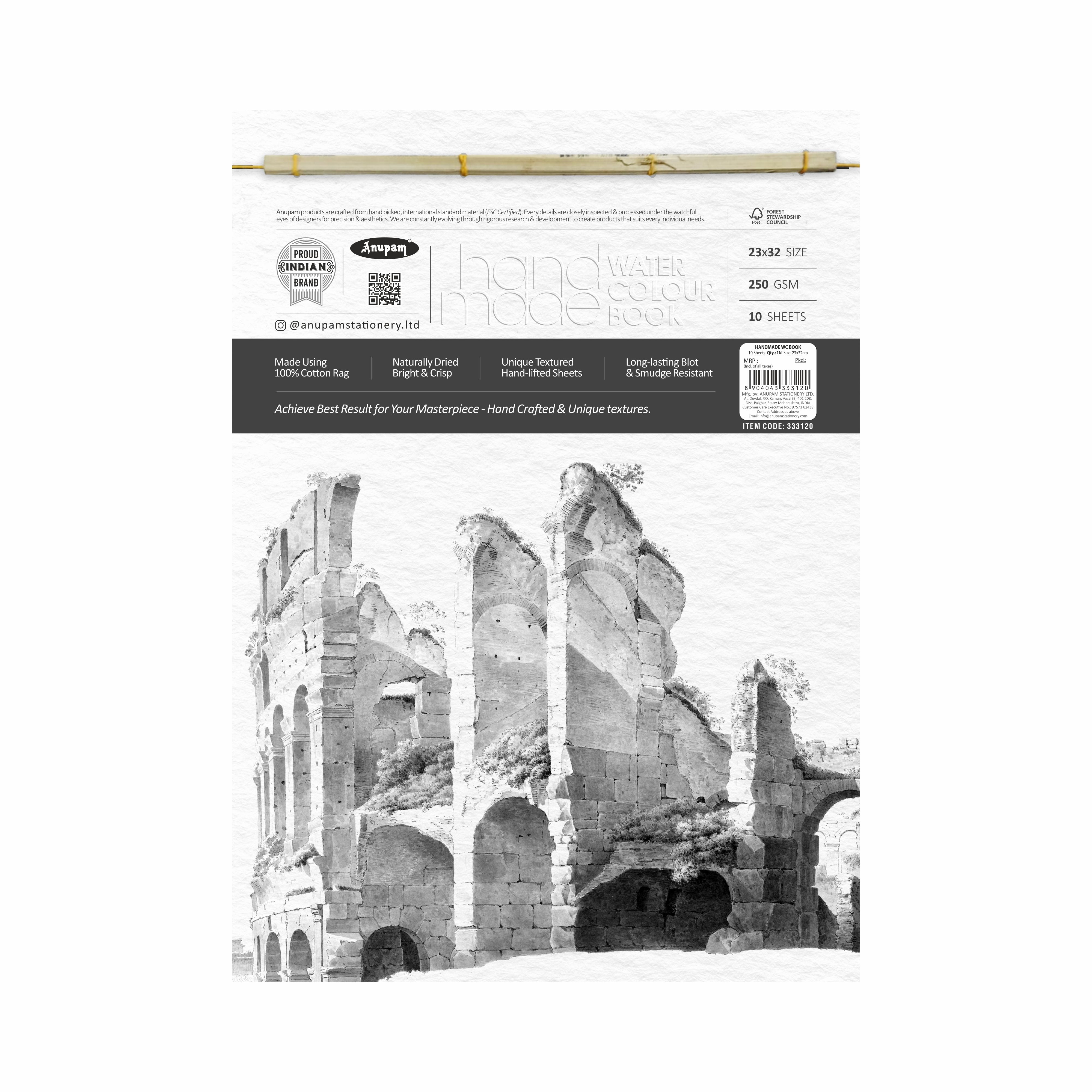 Anupam Handmade Watercolour Book - 100% Cotton Rag-250 Gsm Cold Pressed Paper-10 sheets